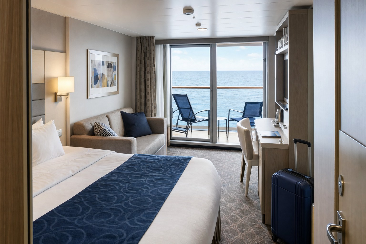 A modern cruise ship cabin with a bed, sitting area, luggage space, and balcony overlooking the ocean.