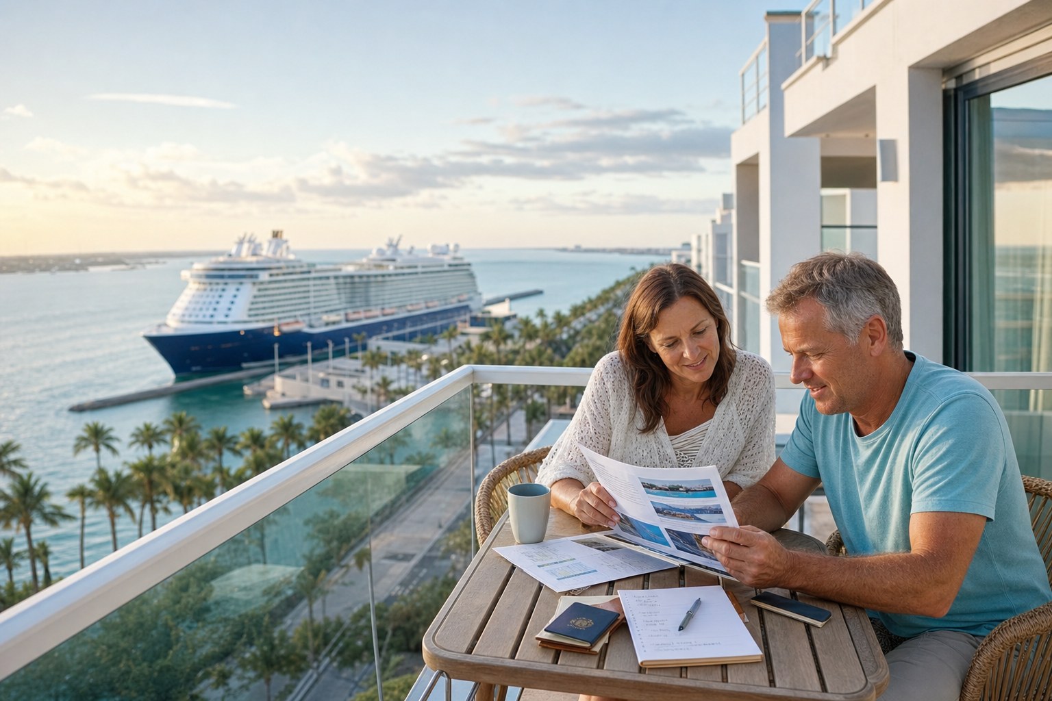 A couple reviewing cruise plans from a waterfront terrace with a cruise ship in view.