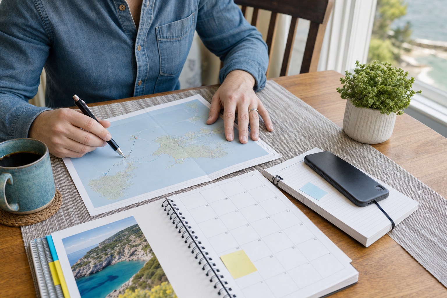 A traveler comparing a cruise route map, calendar, and travel notes at a table.