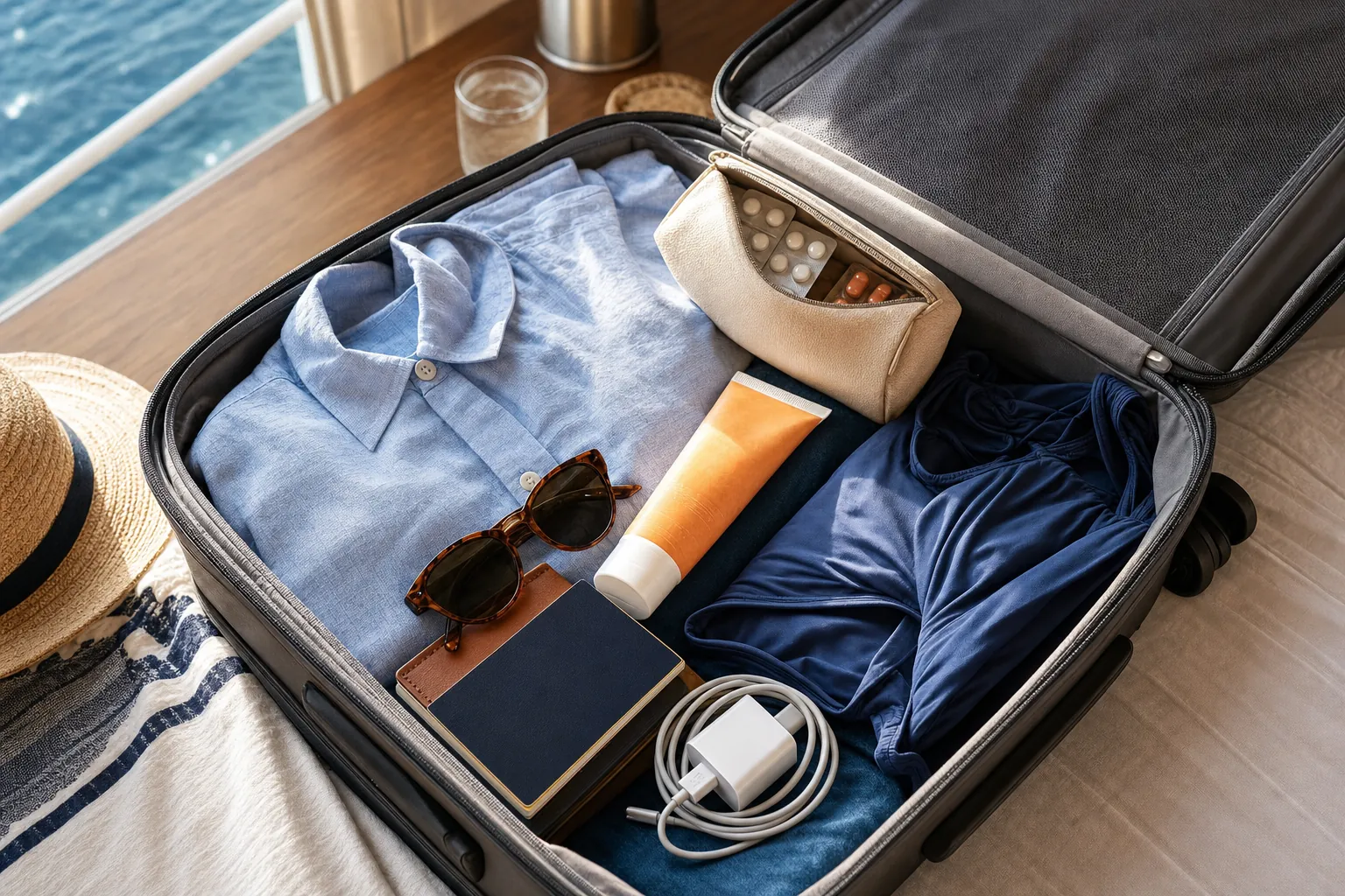 An open carry-on bag packed with a passport, sunscreen, medication pouch, swimsuit, charger, sunglasses, and light clothes.
