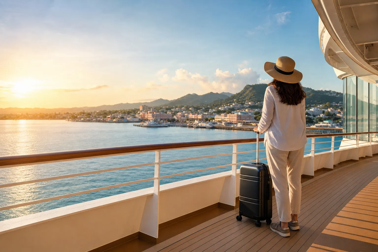 A traveler with a carry-on suitcase looking toward a tropical port from a cruise ship deck.