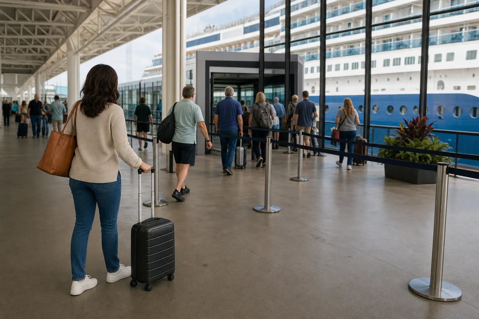 A traveler with a carry-on bag moving through a cruise terminal toward a ship boarding entrance.
