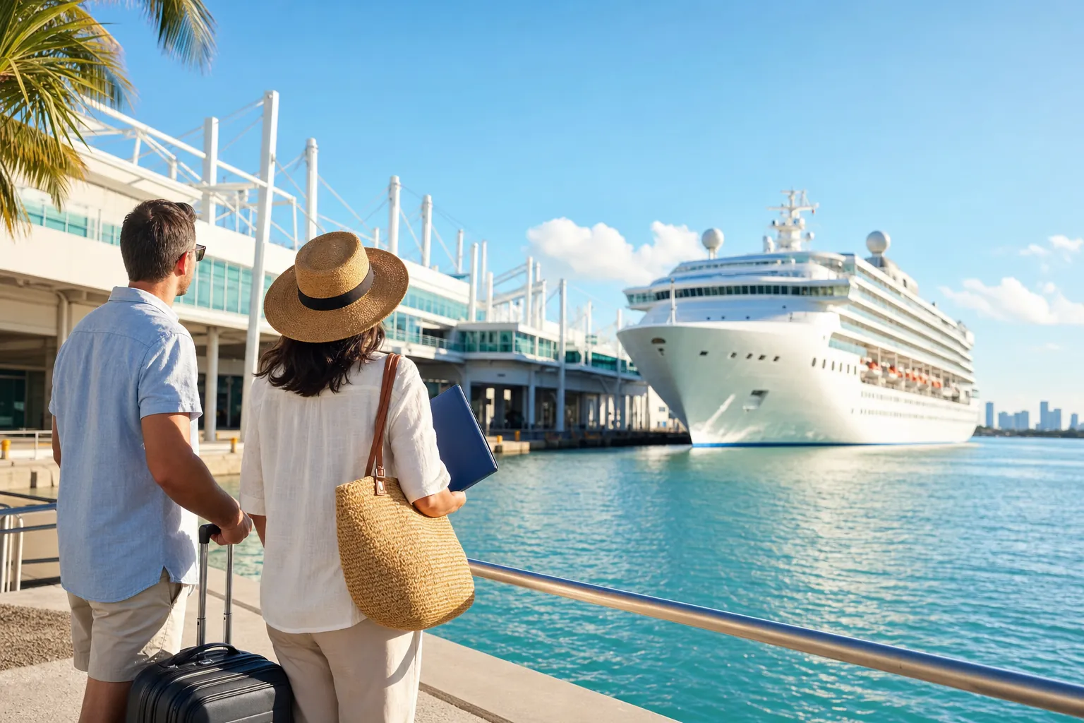 Two first-time cruise travelers looking toward a cruise ship at a Florida harbor terminal.