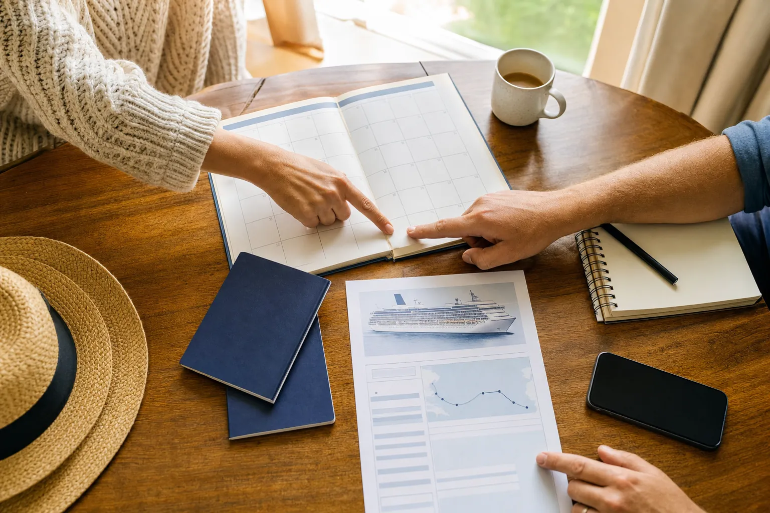 Two travelers pointing to cruise travel dates on a calendar beside a notebook and ship itinerary.