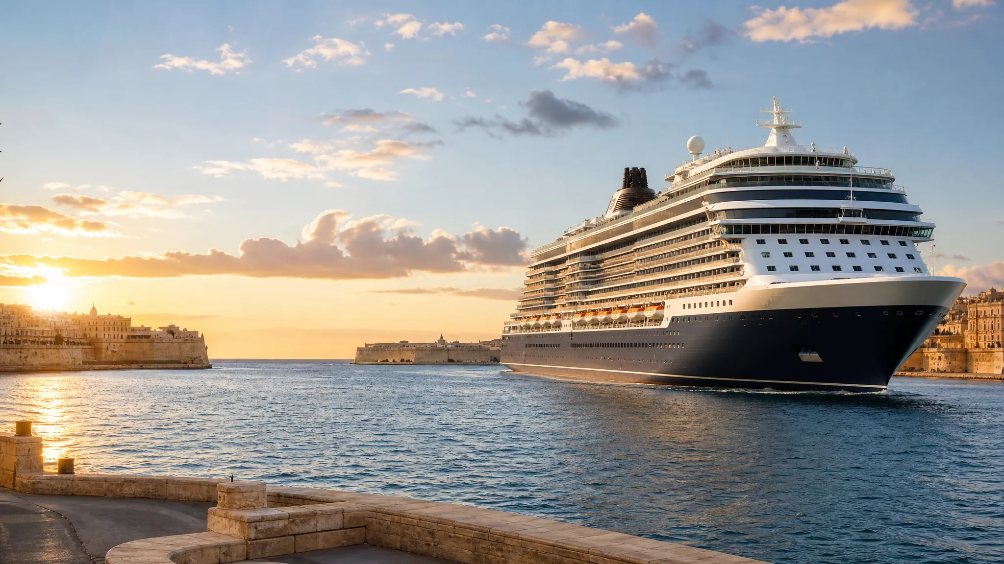 A modern cruise ship leaving a bright harbor at sunset.