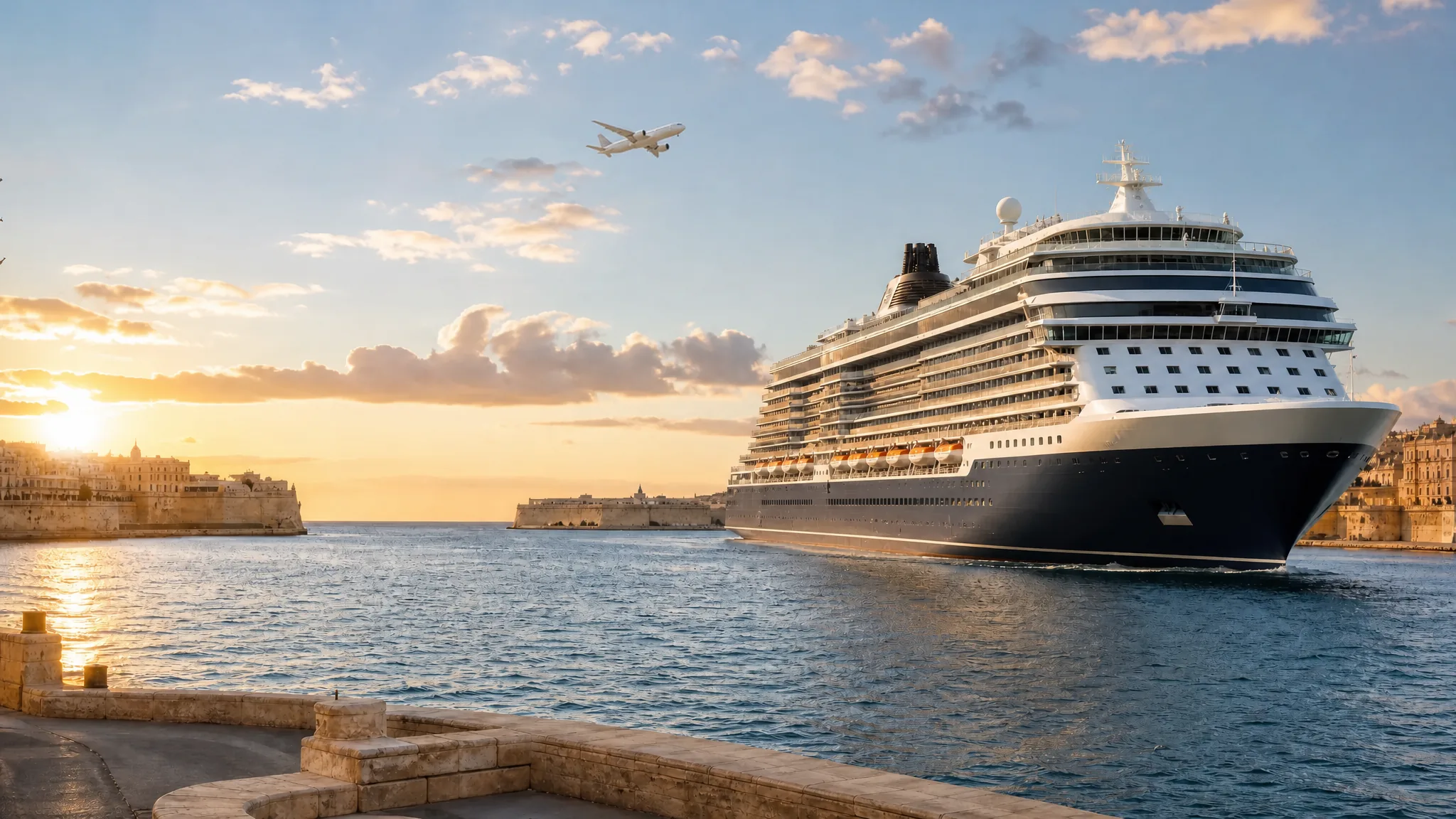 A passenger plane crossing above a modern cruise ship in a bright harbor at sunset.