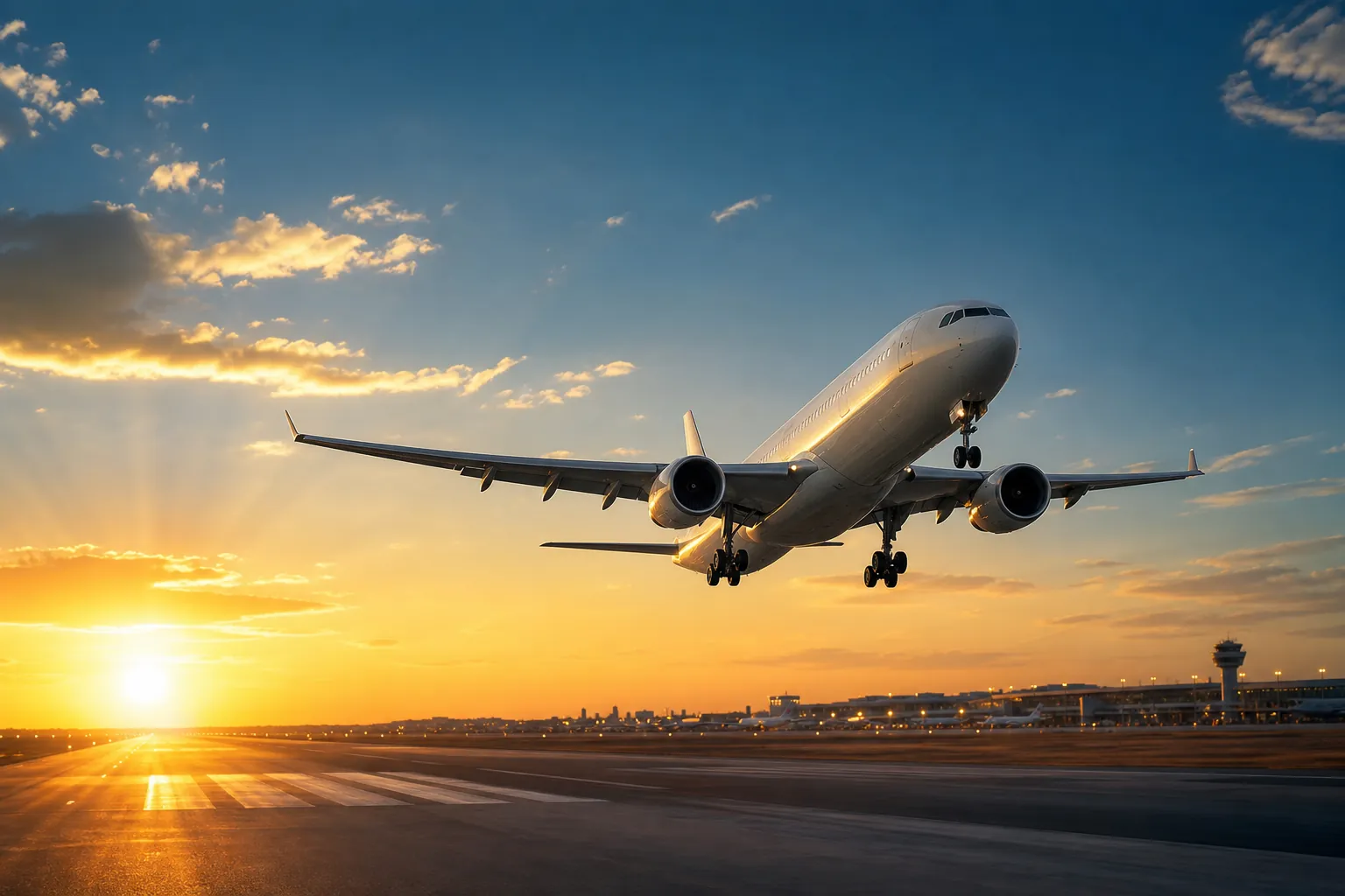 A passenger airplane taking off above a sunlit runway.