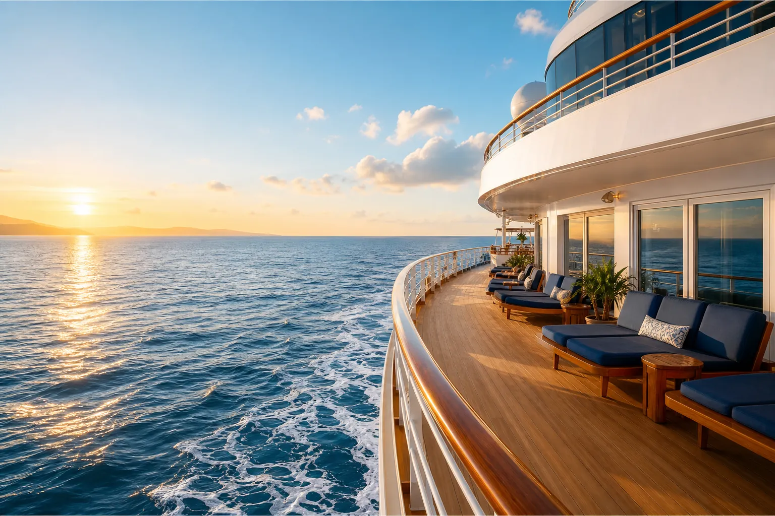A bright cruise ship deck sailing over open blue water.