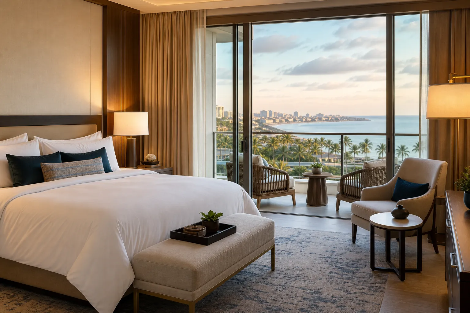 A refined hotel suite with a balcony and resort view.