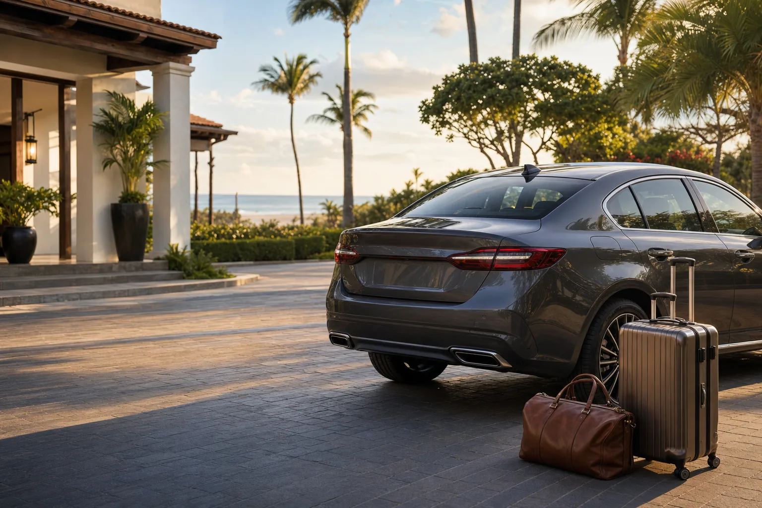 A rental car waiting outside a coastal resort with travel luggage nearby.