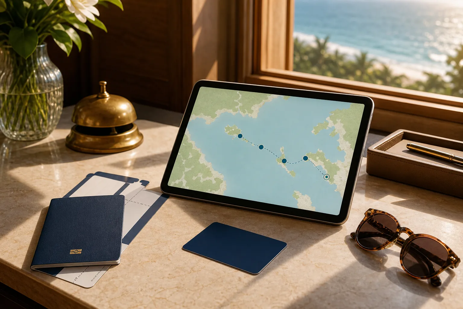 A travel planning desk with trip documents and a route map on a tablet.