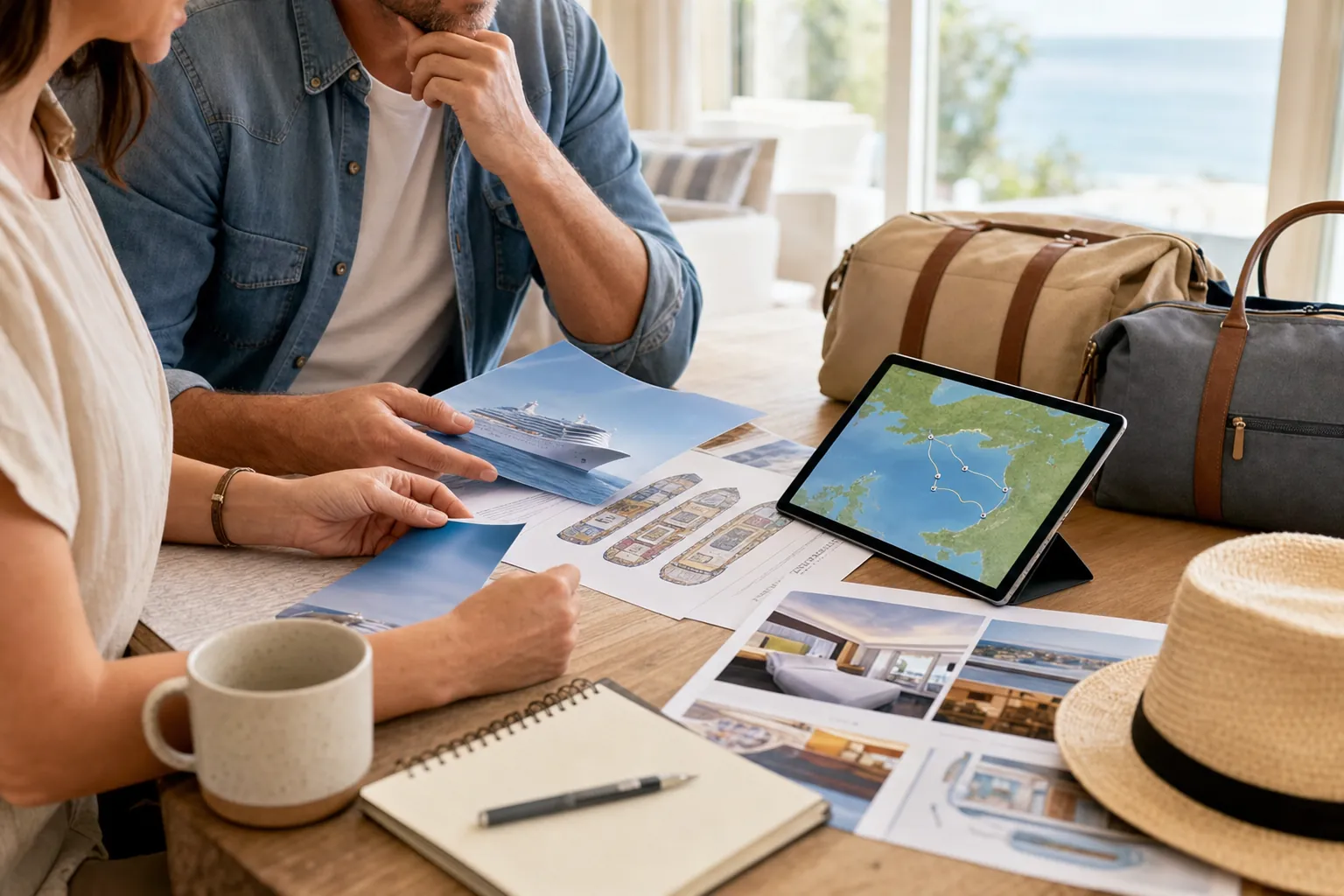 Couple comparing cruise planning materials, route options, and luggage before a vacation.