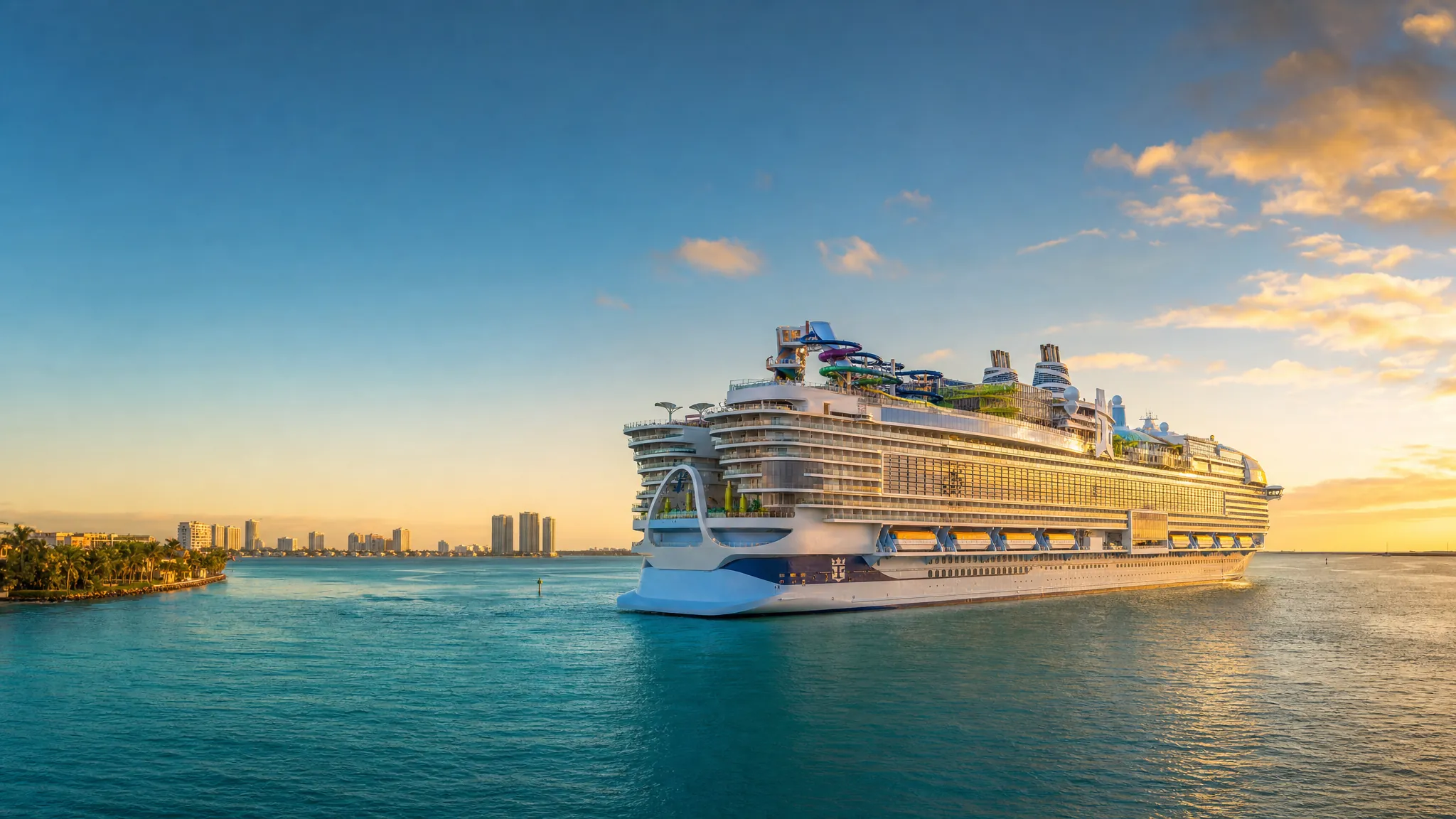 A modern cruise ship sailing from a Florida harbor at sunset.
