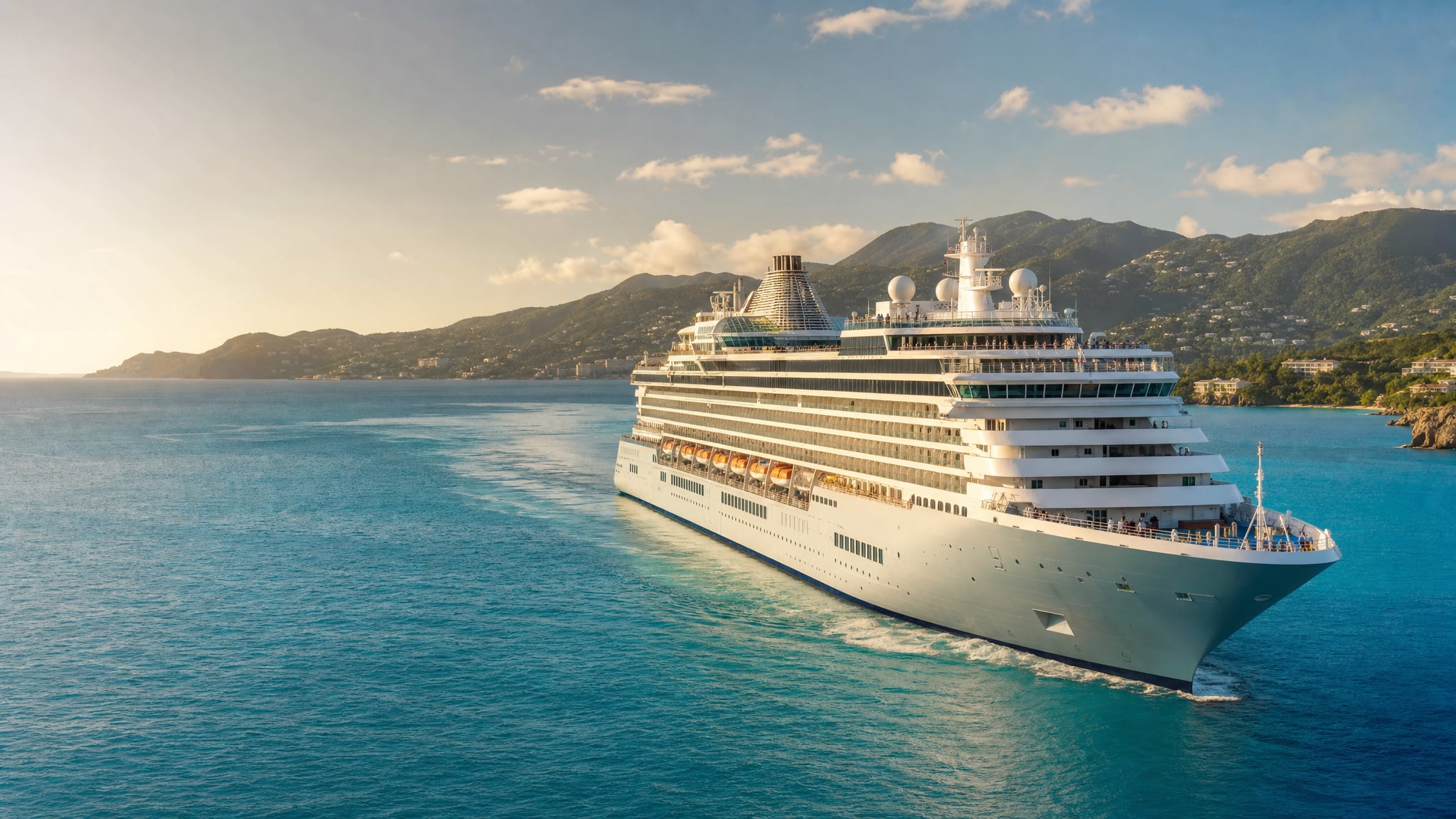 A contemporary cruise ship sailing beside a bright Caribbean island at sunset.