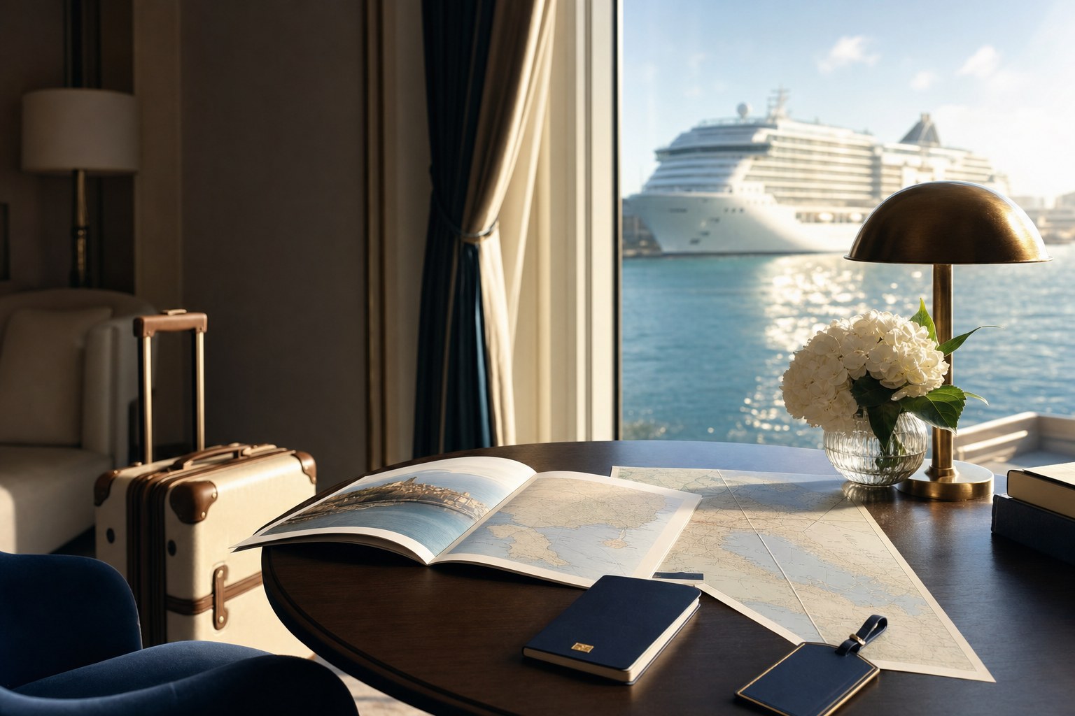 Cruise travel planning materials beside a harbor view and cruise ship.