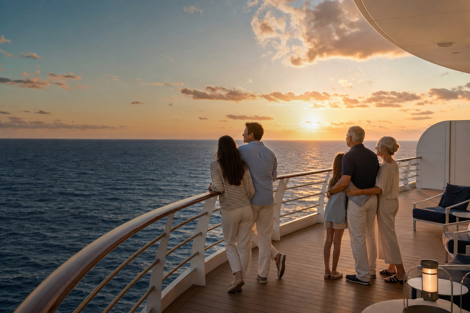 Cruise travel planning materials beside a harbor view and cruise ship.