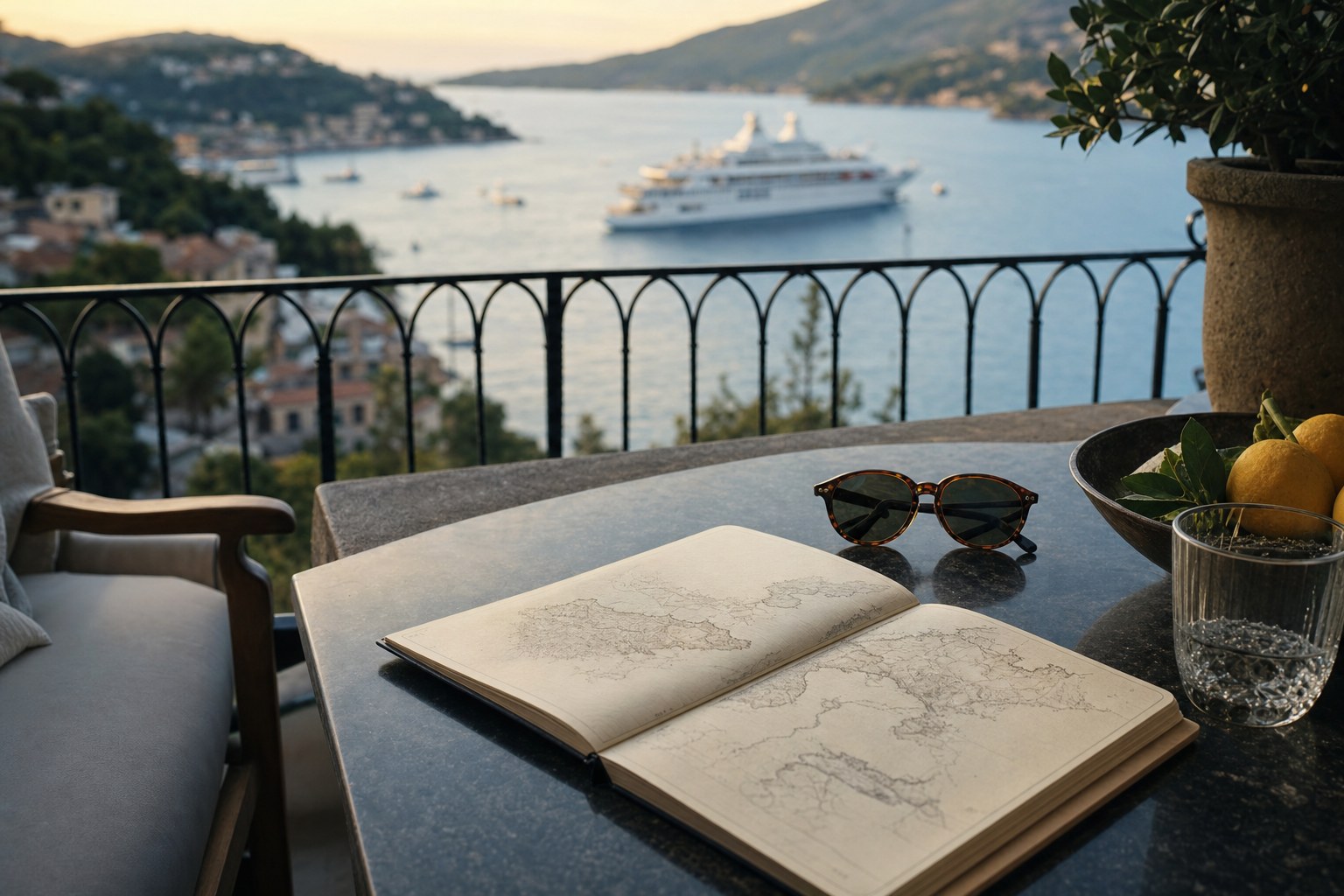 A travel notebook and sunglasses on a balcony overlooking a harbor and small cruise ship.