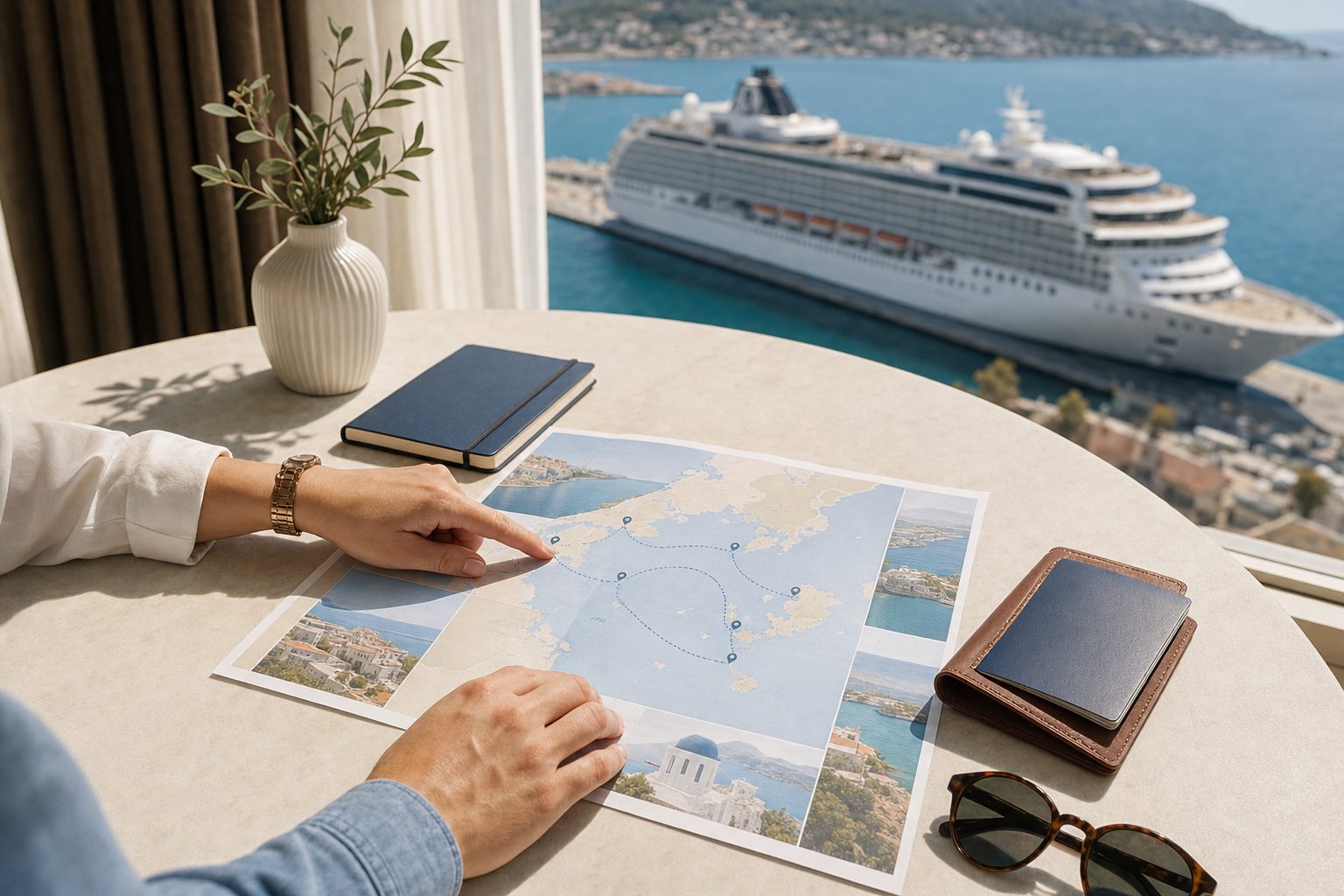 Travelers reviewing a Mediterranean cruise route at a sunlit table overlooking a harbor.