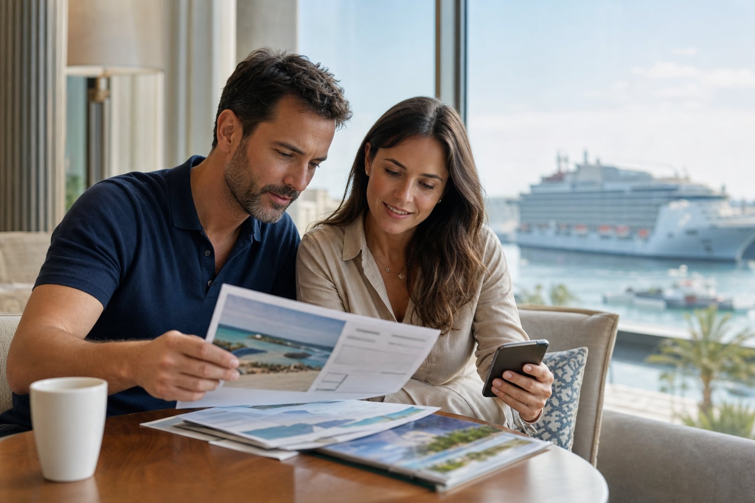 A couple reviewing cruise plans together near a cruise port.