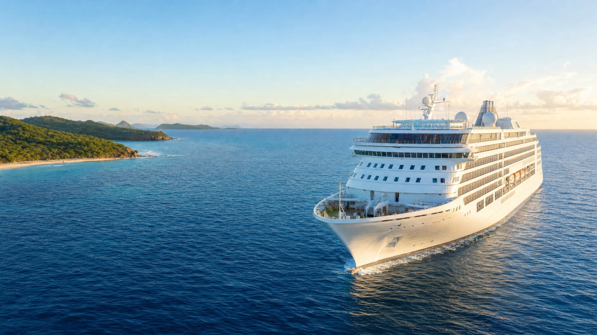 A contemporary cruise ship sailing through bright Caribbean water near a green island.