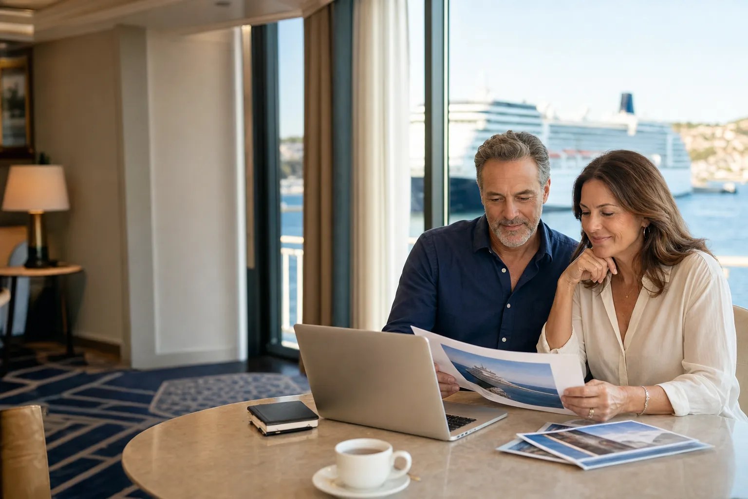 Couple reviewing cruise options together beside a harbor.