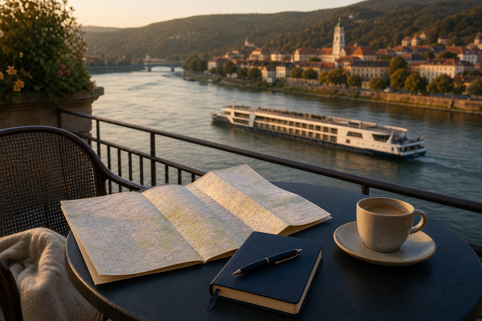 A map and travel notebook on a riverfront terrace overlooking a river cruise ship and historic town.