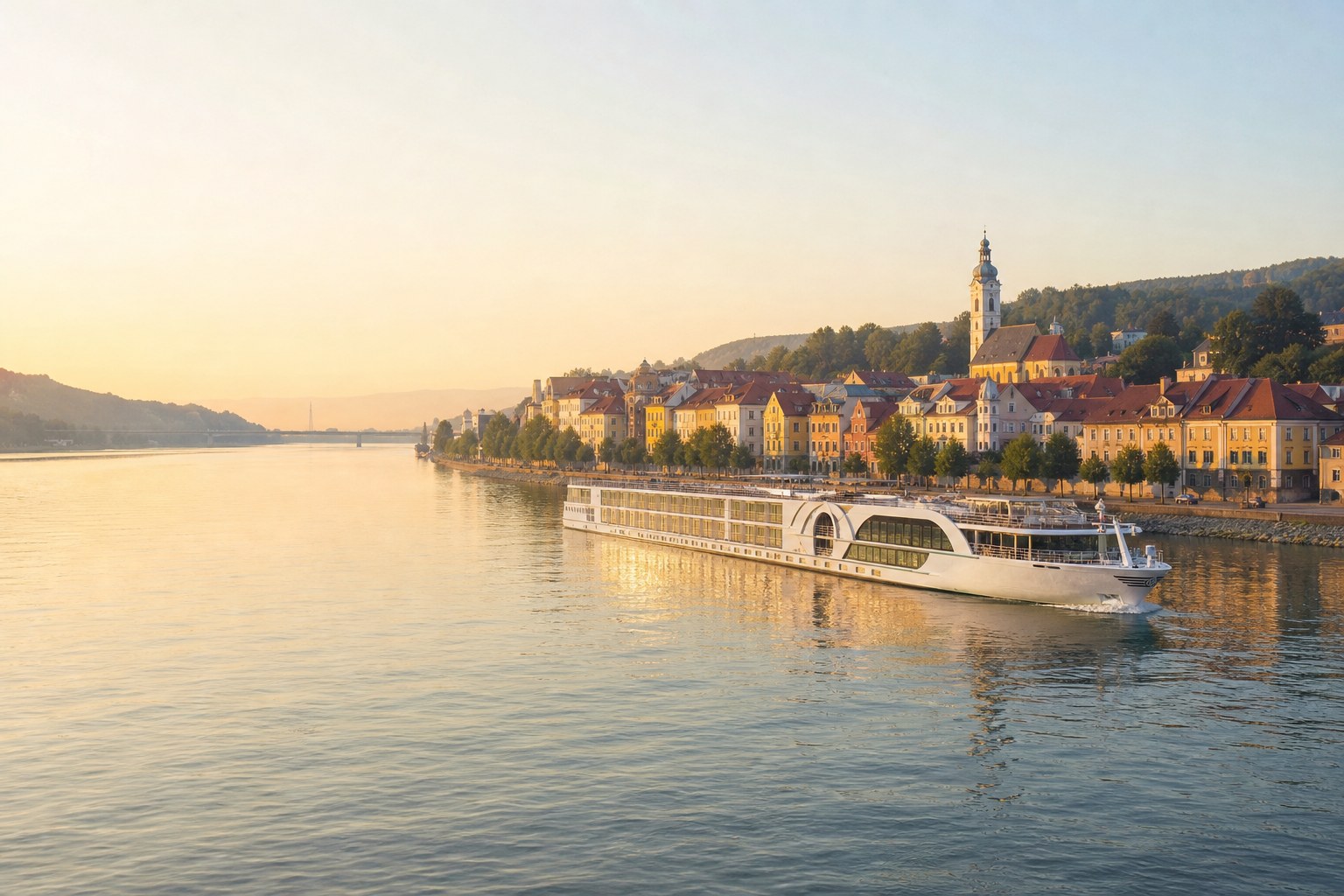 A river cruise ship sailing past a historic European town in warm morning light.