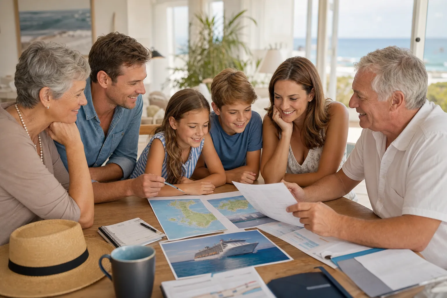 A multigenerational family reviewing cruise plans together before a vacation.