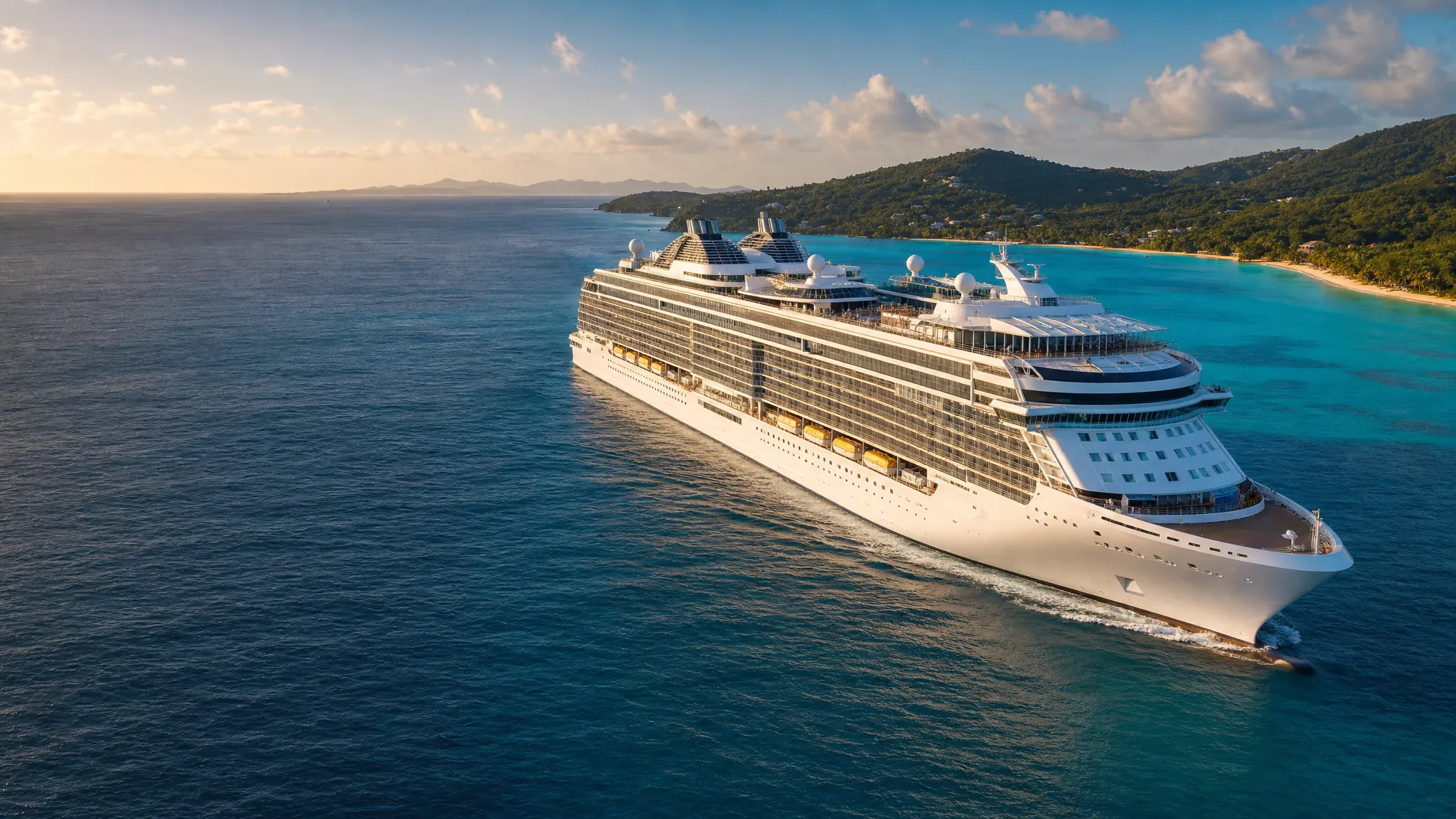 A large contemporary cruise ship sailing beside a tropical Caribbean coast.