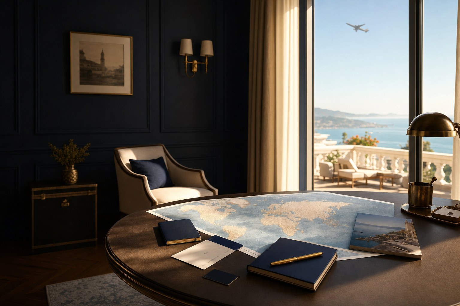 Travel planning materials in a hotel suite with a coastal view.