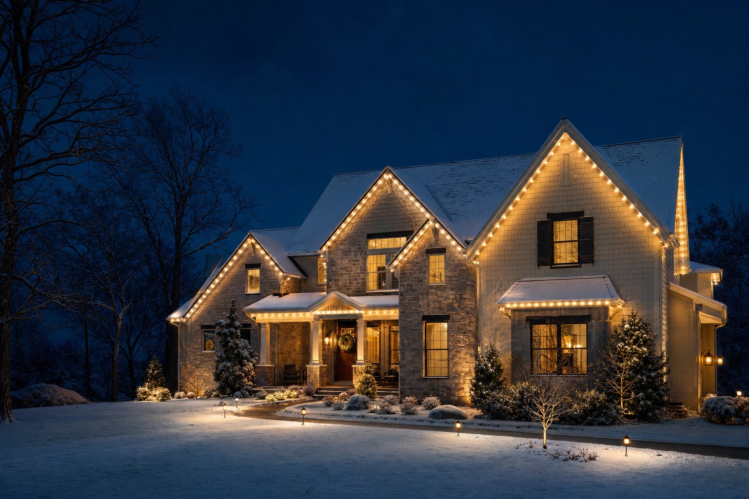 Illustrative winter home with warm exterior lighting