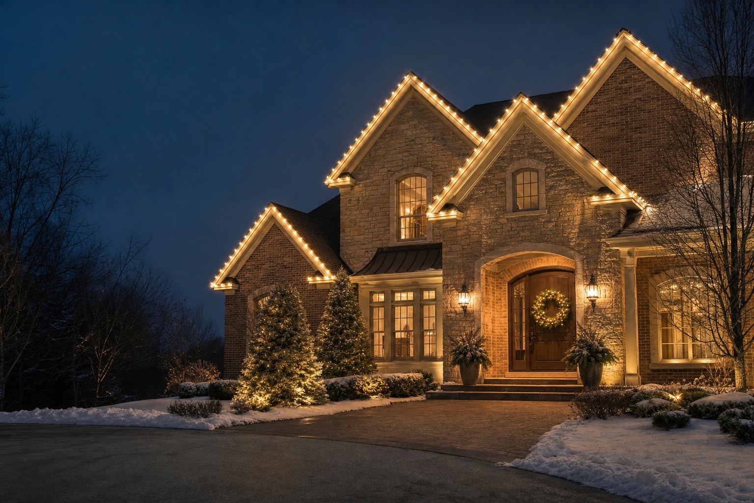 Illustrative home with elegant warm-white holiday roofline lights