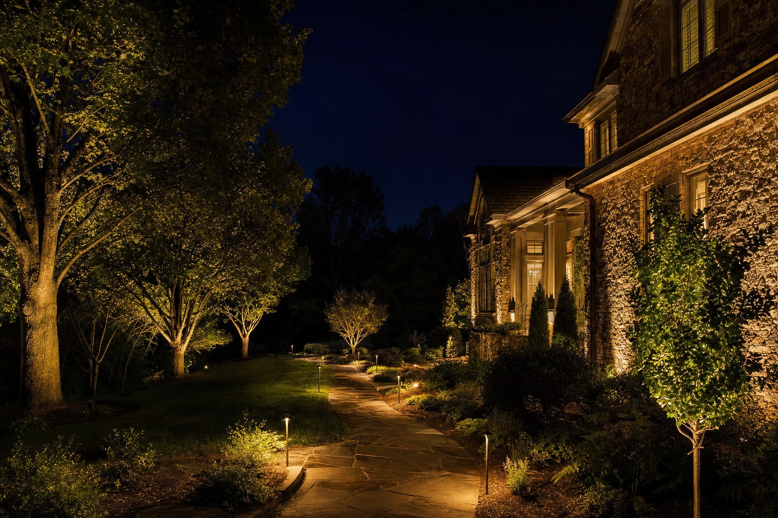 Illustrative garden path with warm permanent landscape lighting