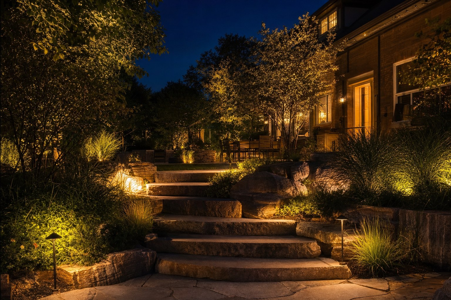 Illustrative evening patio and stone path with warm landscape lighting