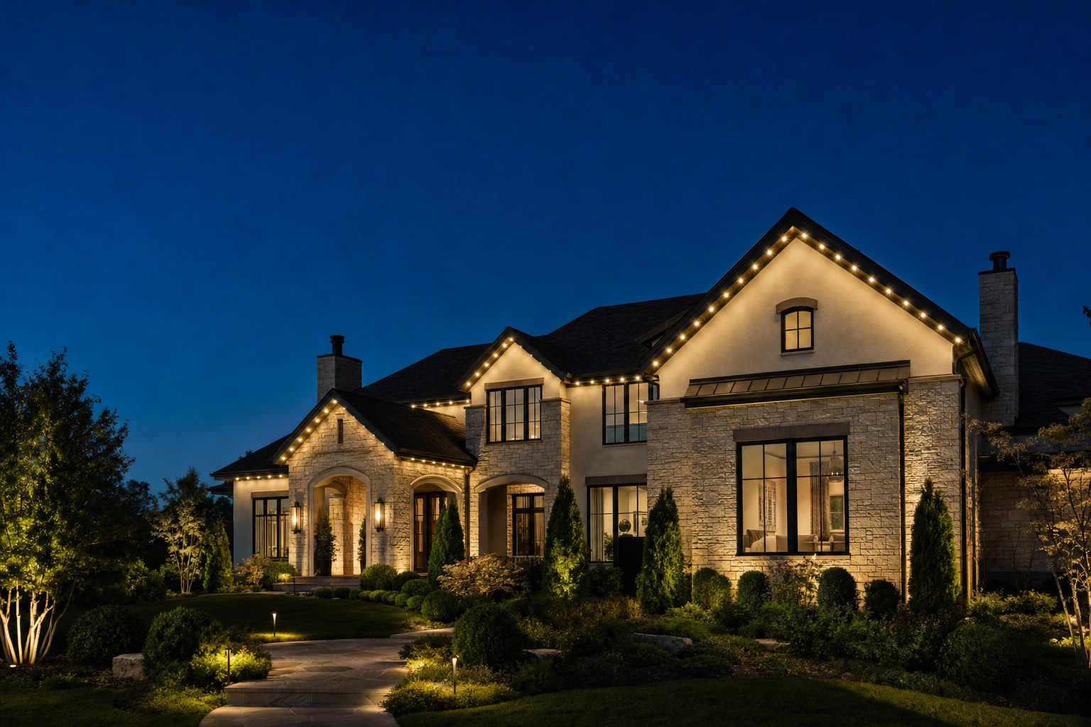 Illustrative modern home with permanent warm-white exterior lighting