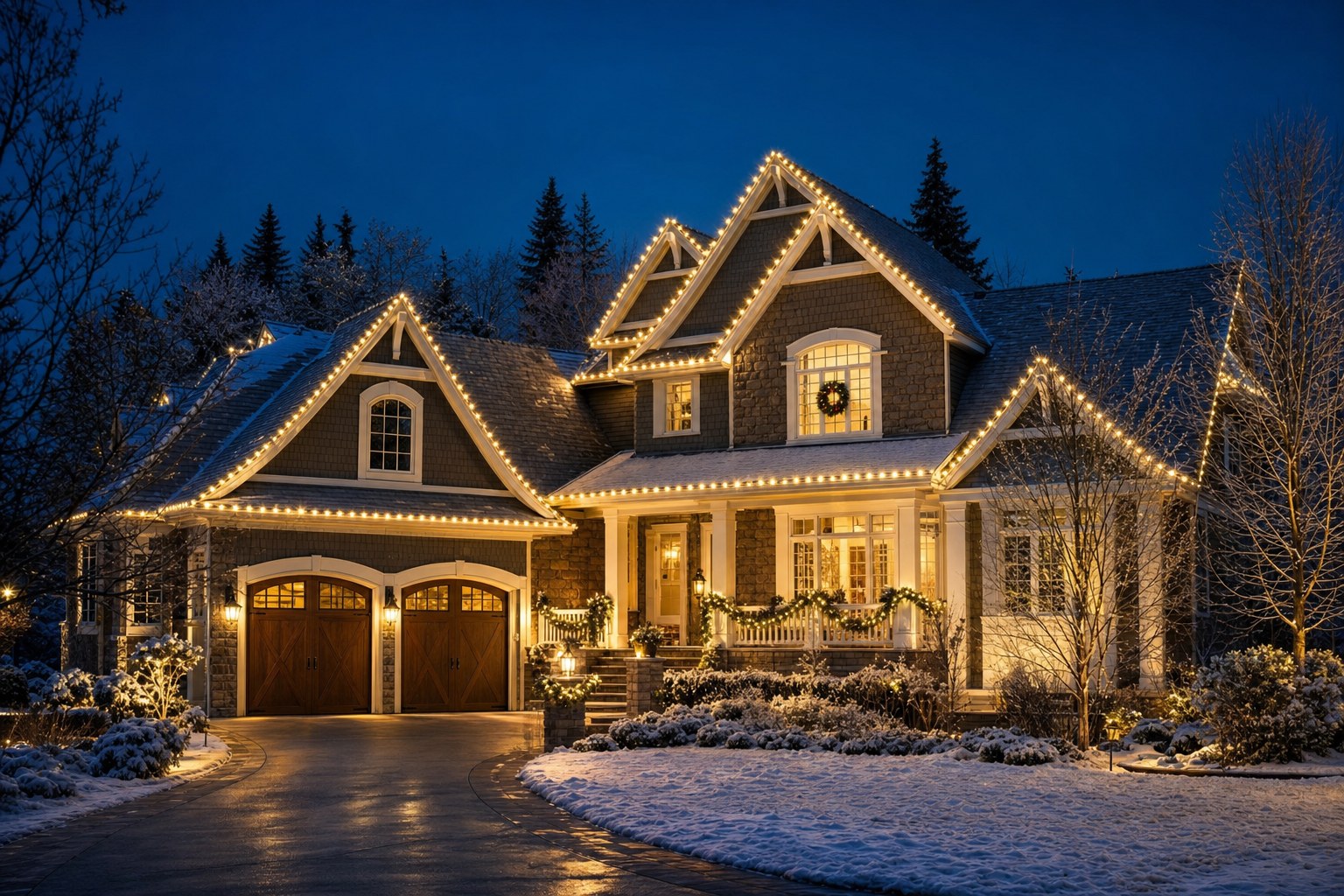 Illustrative home with a warm holiday lighting display