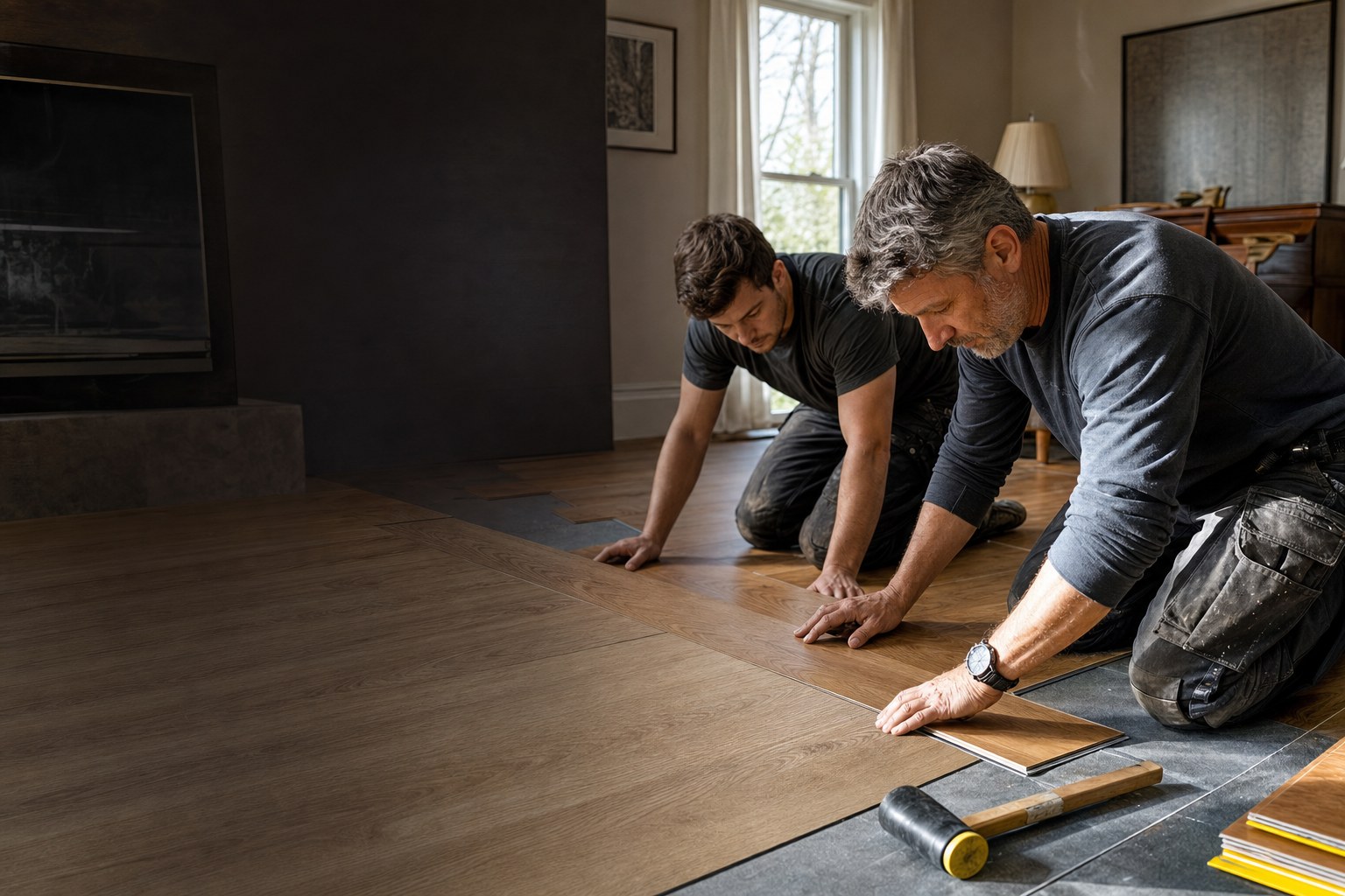 Contractors installing a new wood floor