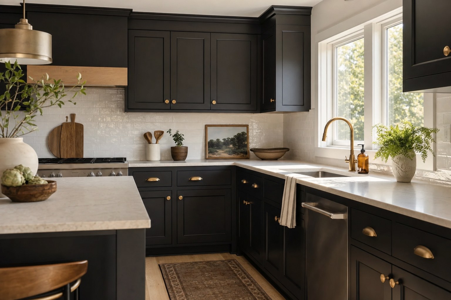 A refreshed kitchen with dark cabinetry