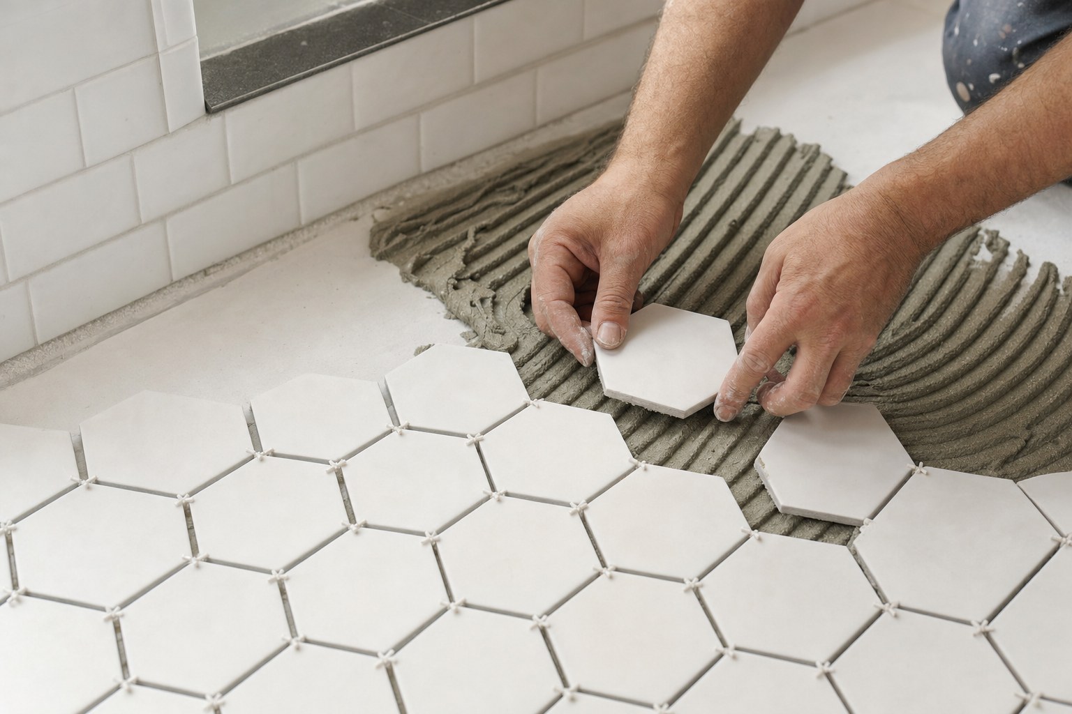 Tile being set for a floor installation
