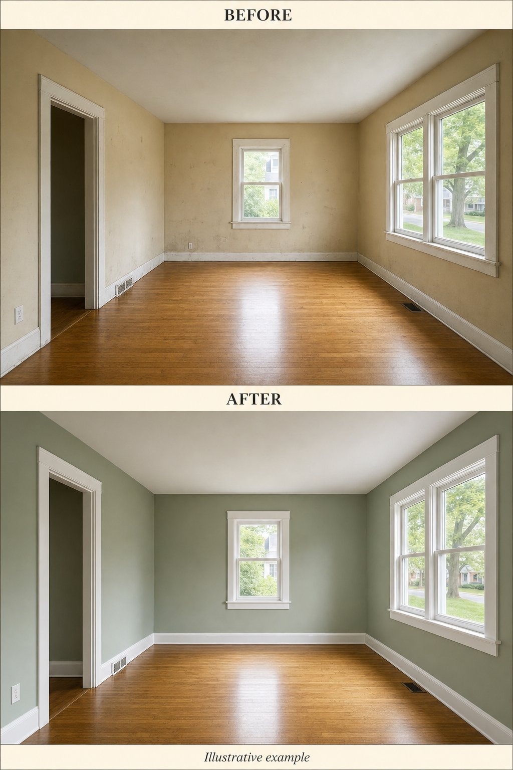 Illustrative before-and-after example of a room changing from scuffed beige walls to fresh sage paint and white trim
