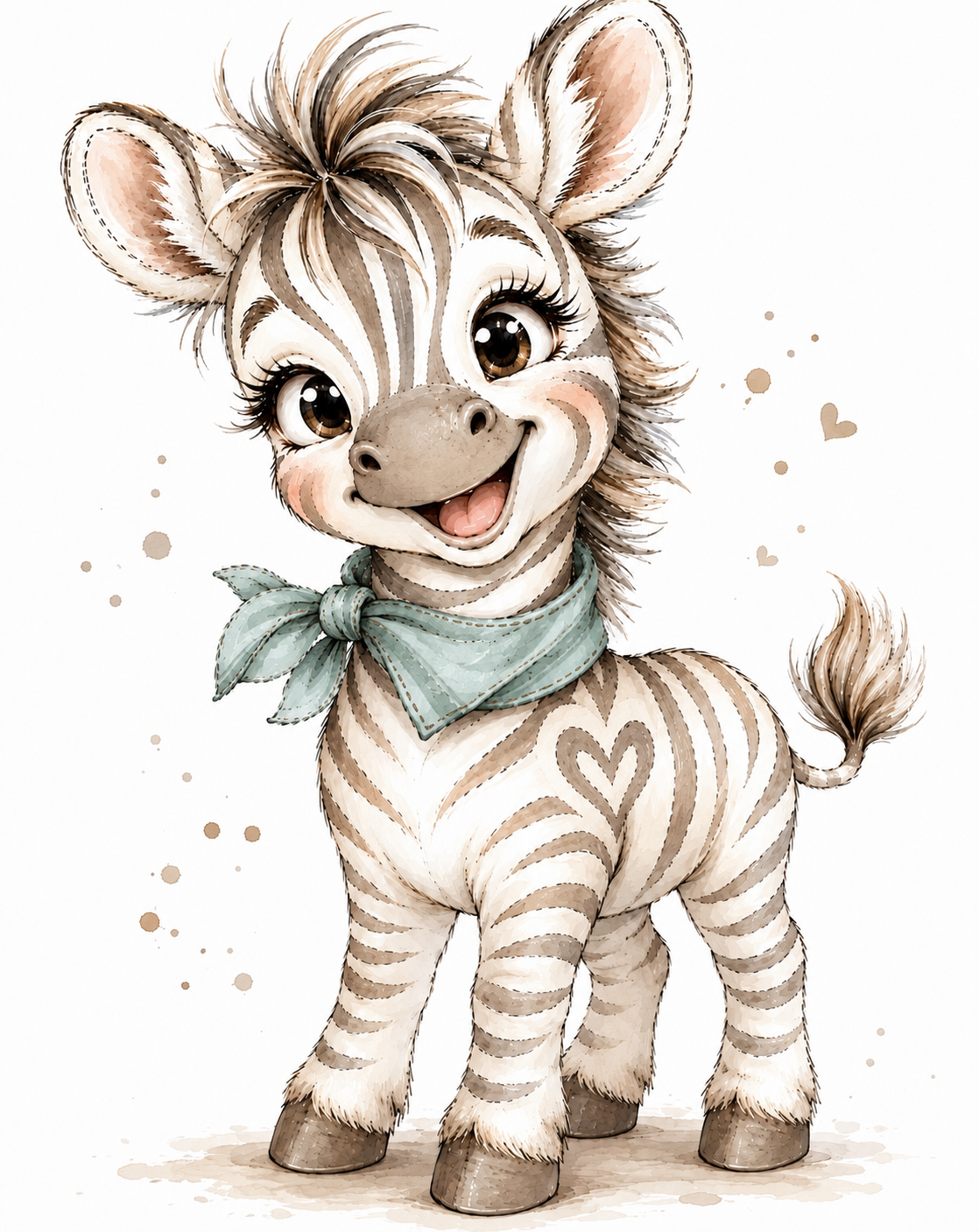 Fancy, the Jancy’s Fancies zebra mascot with her soft teal scarf and heart-shaped shoulder stripe