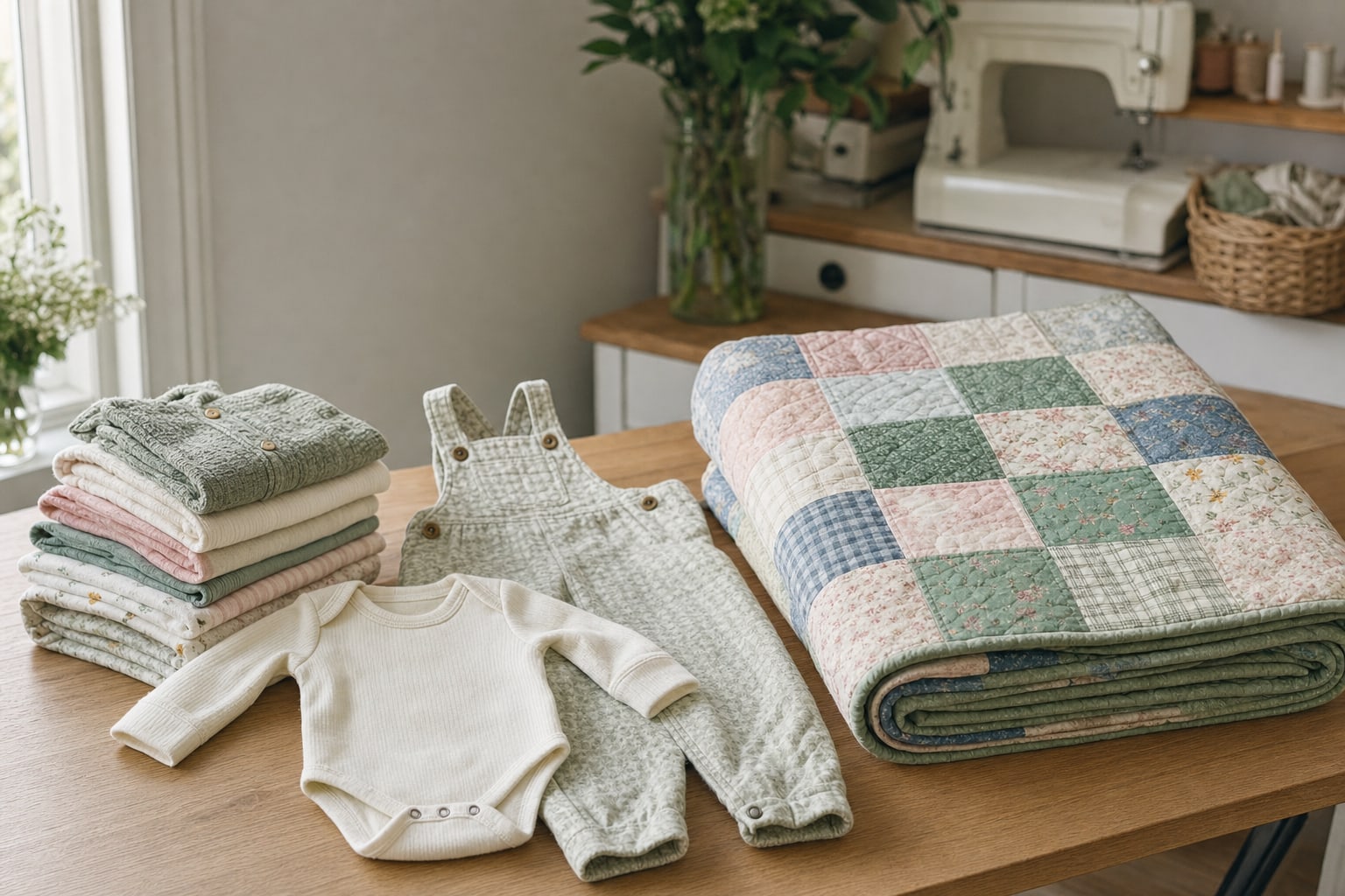Baby clothes arranged beside a finished patchwork memory quilt in a sewing studio