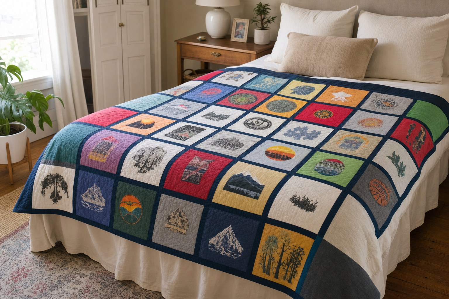 Finished handmade T-shirt quilt spread across a bed