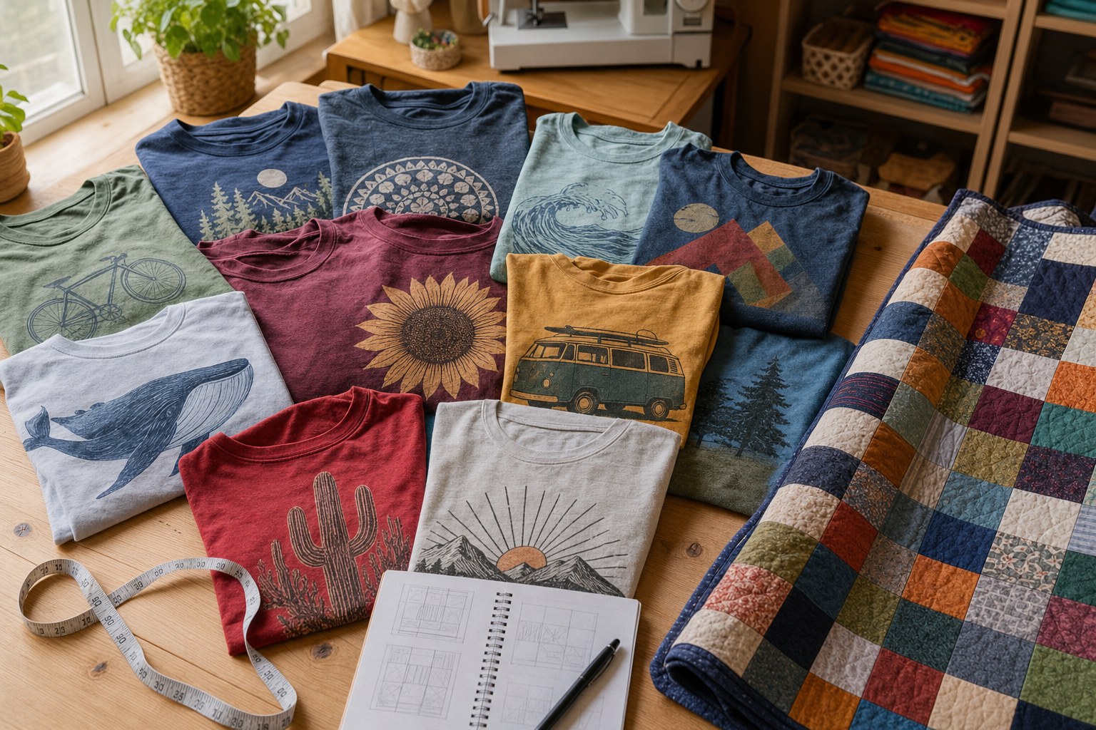 Clean T-shirts sorted on a sewing table for planning a memory quilt