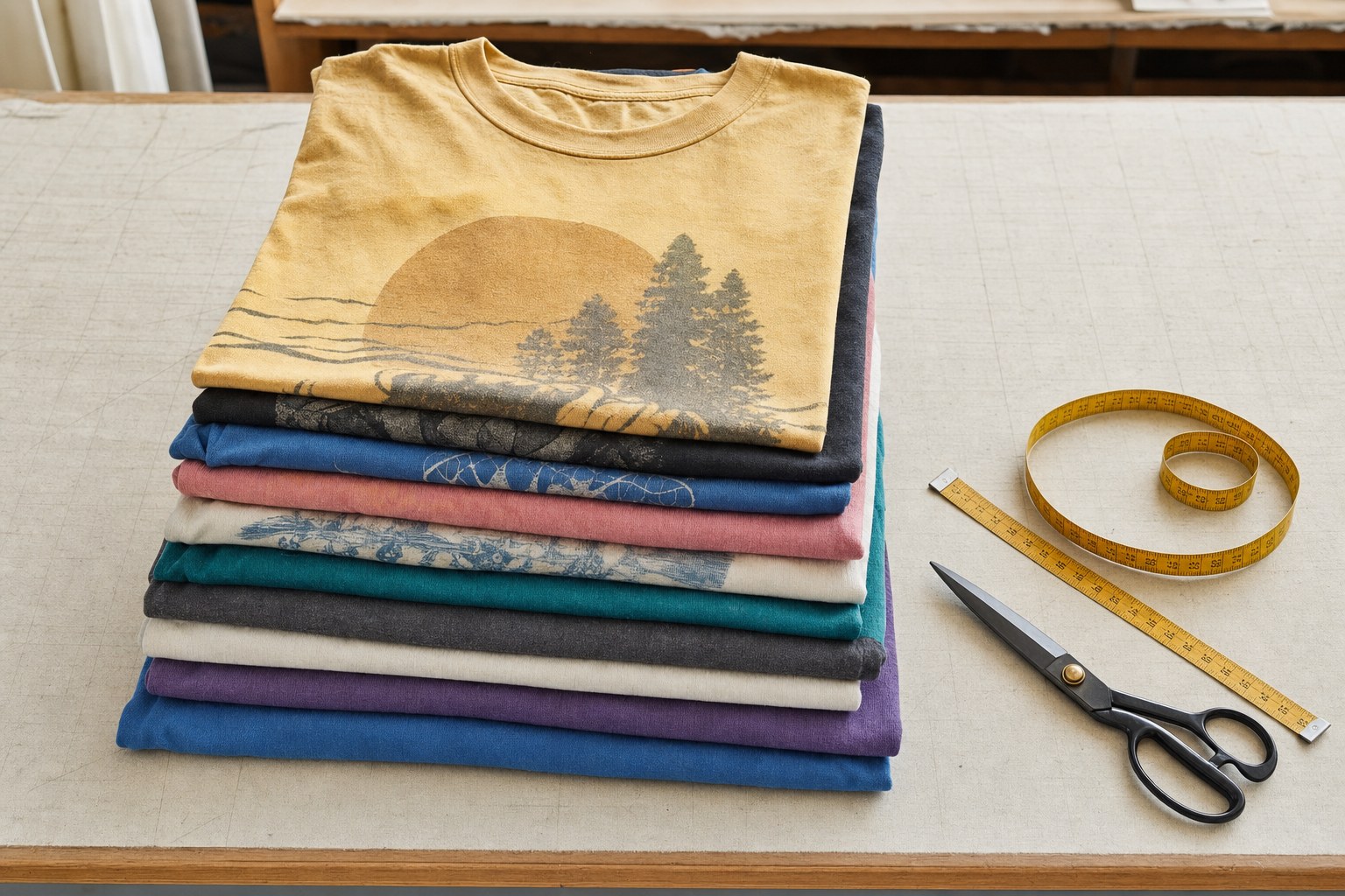 Clean, uncut T-shirts stacked on a worktable with a measuring tape and fabric scissors