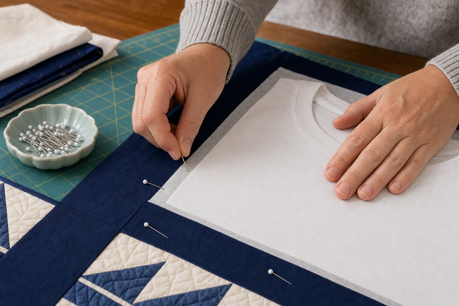 Quilt maker stabilizing a T-shirt panel beside navy quilt sashing