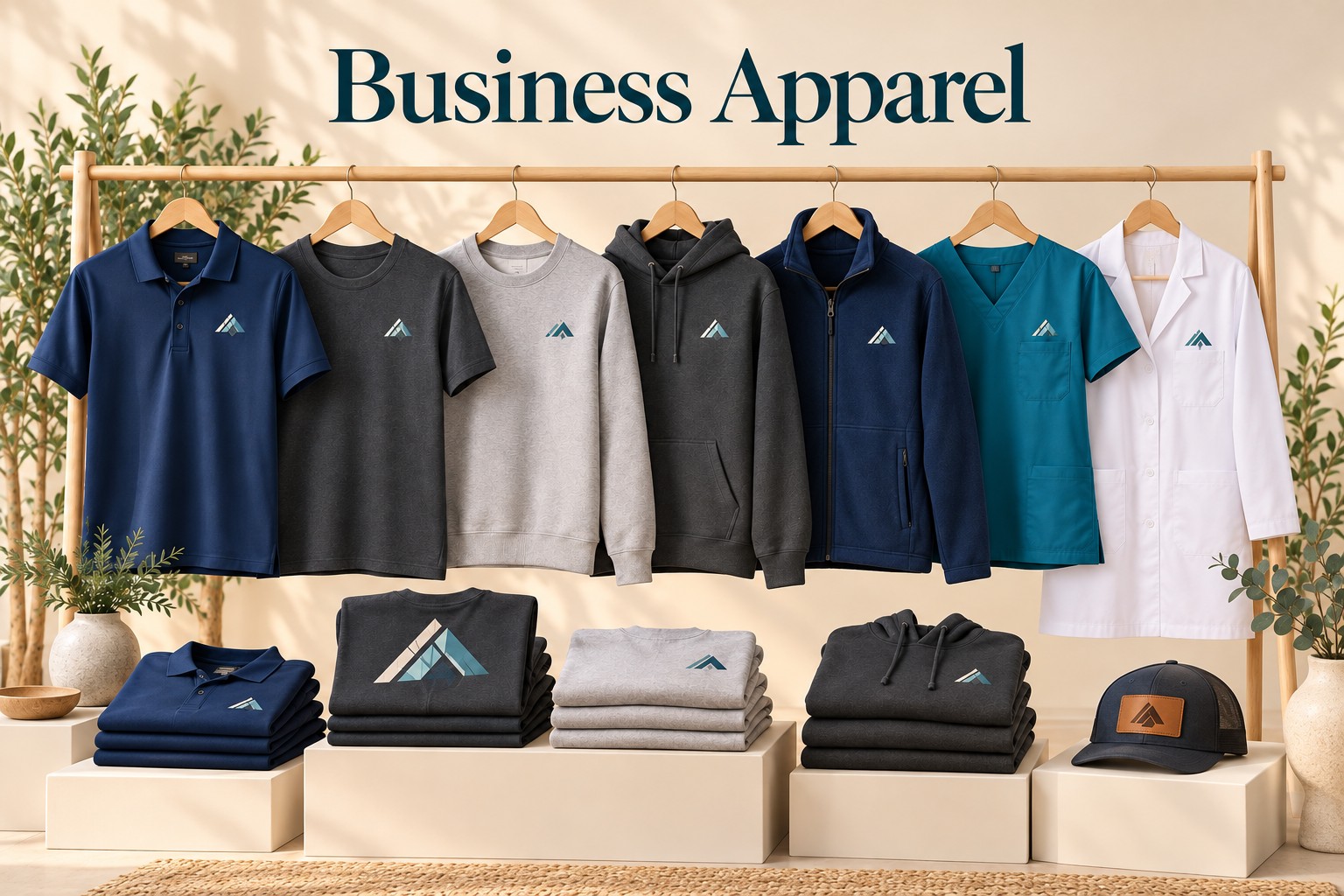 Business apparel style examples, including polos, shirts, sweatshirts, and hoodies