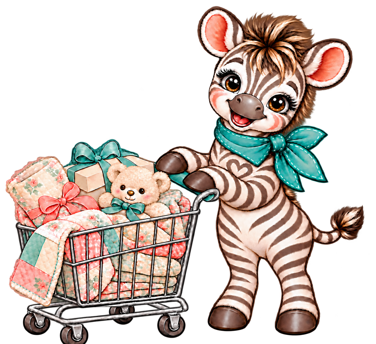 Fancy the zebra pushing a cart filled with handmade gifts