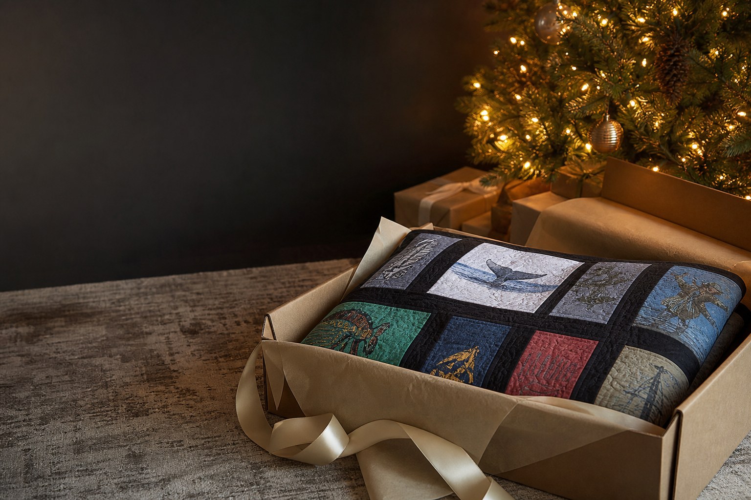 T-shirt quilt folded in a gift box beside a warmly lit Christmas tree