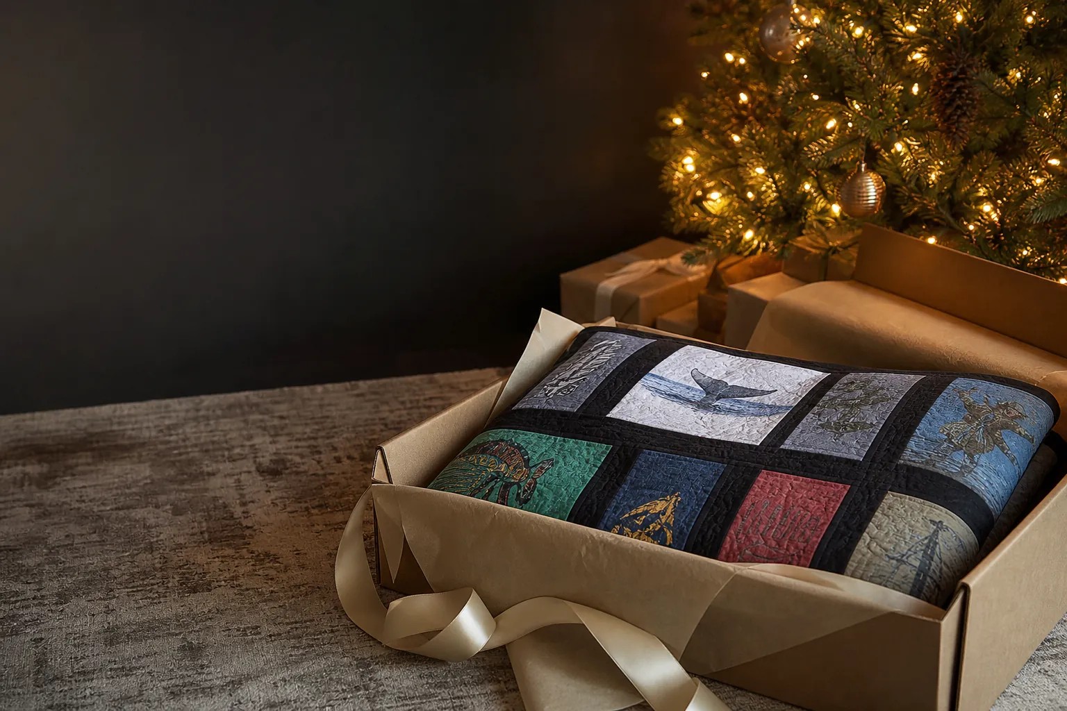 A T-shirt quilt nestled in a gift box beside a glowing Christmas tree